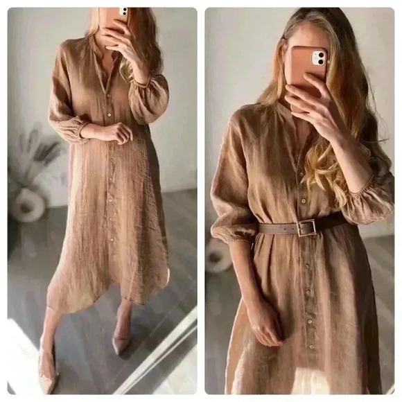 New Zara Linen Shirt Dress Camel New Buttons - Picture 2 of 15